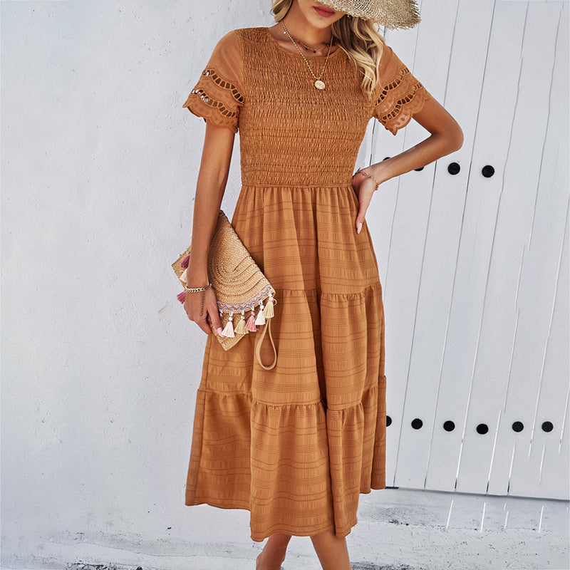 Women's Solid Color Smocked Hollow Sleeve Dresses Wholesale Womens Clothing N3823122900133