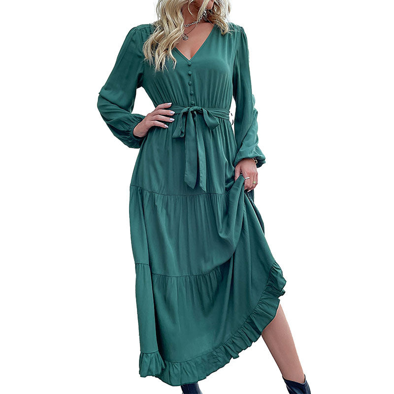 Long Sleeve Solid Color Maxi Dresses With Belt Wholesale Womens Clothing N3824091200040