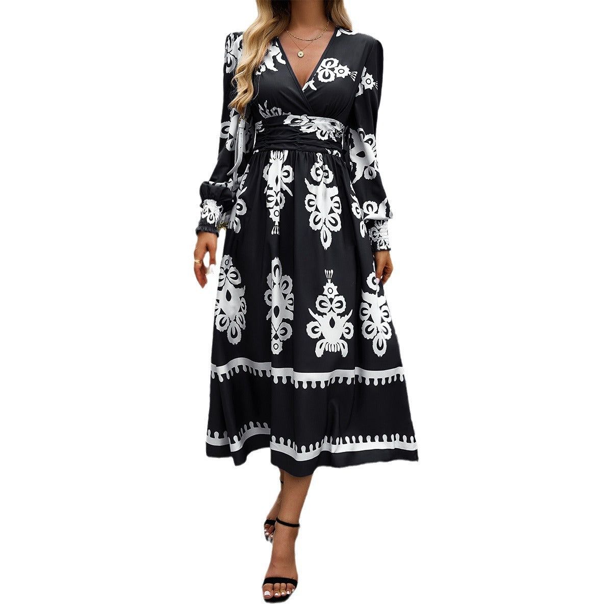 Contrast Print V-Neck Long Sleeve Dresses Wholesale Womens Clothing N3824073100071