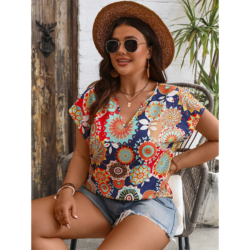 Summer Vacation Casual Plus Size Shirts V Neck Pullover Print Wholesale Womens Clothing N3824080300057