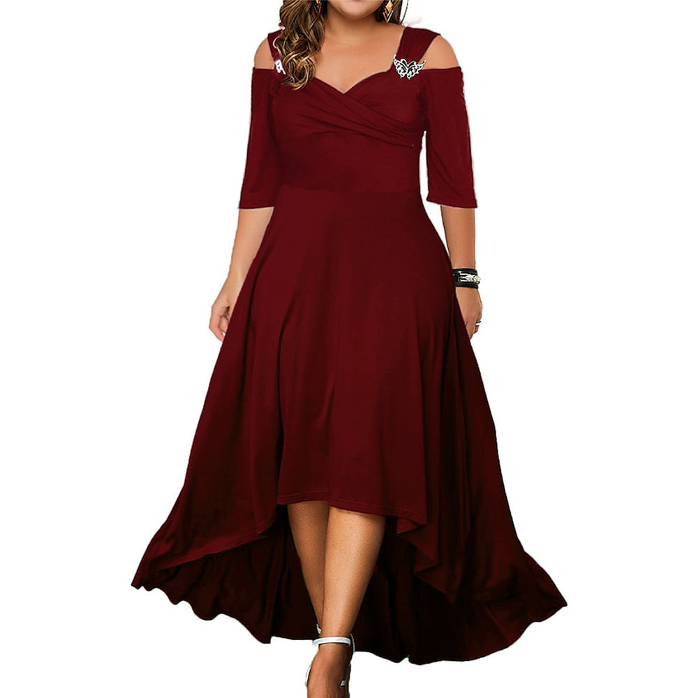 Wholesale Plus Size Clothing Sexy Solid Color V-Neck Strapless Big Hem Dresses