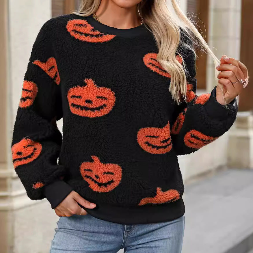 Halloween Printed Plush Loose Pullover Sweatshirts Wholesale Womens Clothing N3824073100103