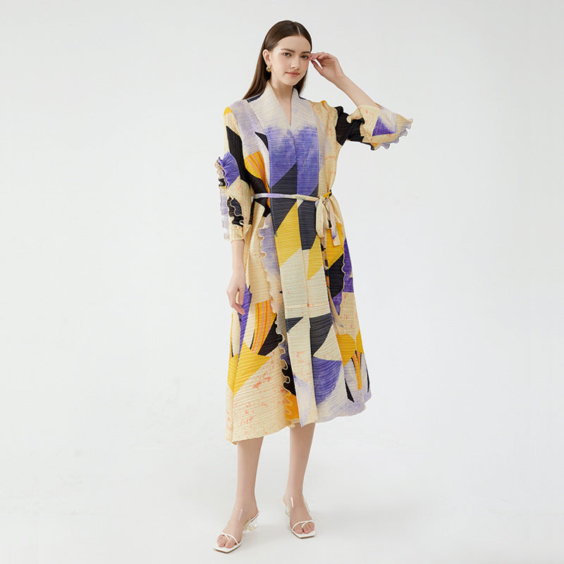 Premium French Printed V-Neck Ruffle Sleeve Waist-Closing Mid-Length Dress Wholesale Dresses