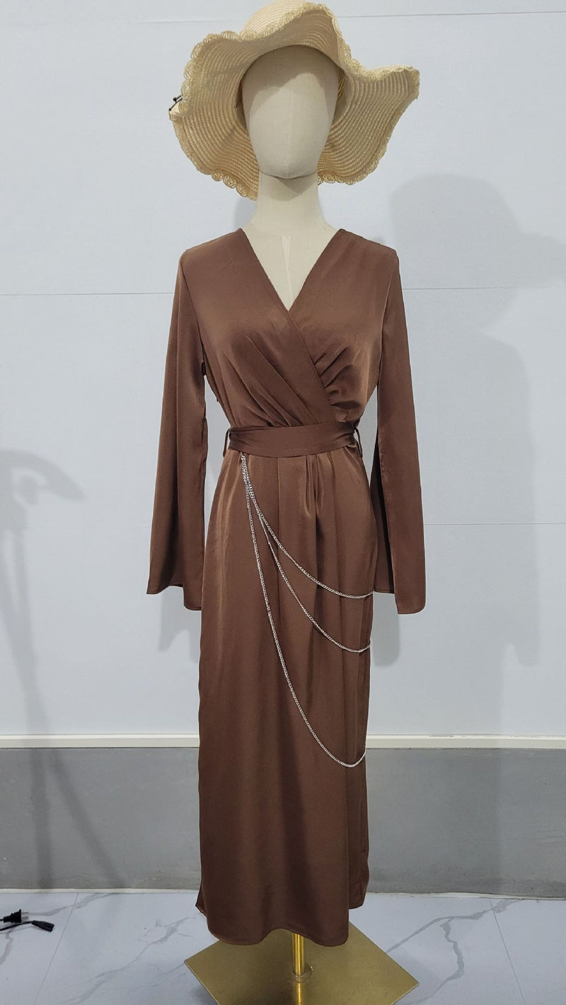 V-Neck Long Sleeve Waist Maxi Dresses Wholesale Womens Clothing N3823122100020