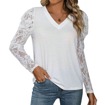 Lace Stitching Long Sleeve V-Neck White Tops Wholesale Womens Clothing N3824112000024