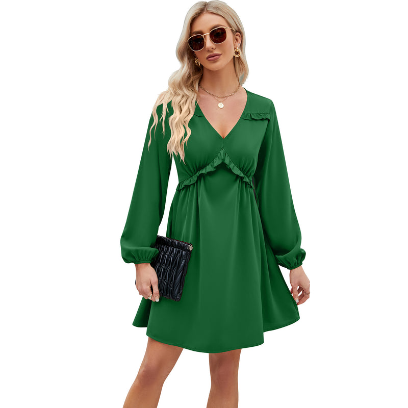 V-Neck Slim Solid Color A-Line Long-Sleeved Dress Wholesale Dresses