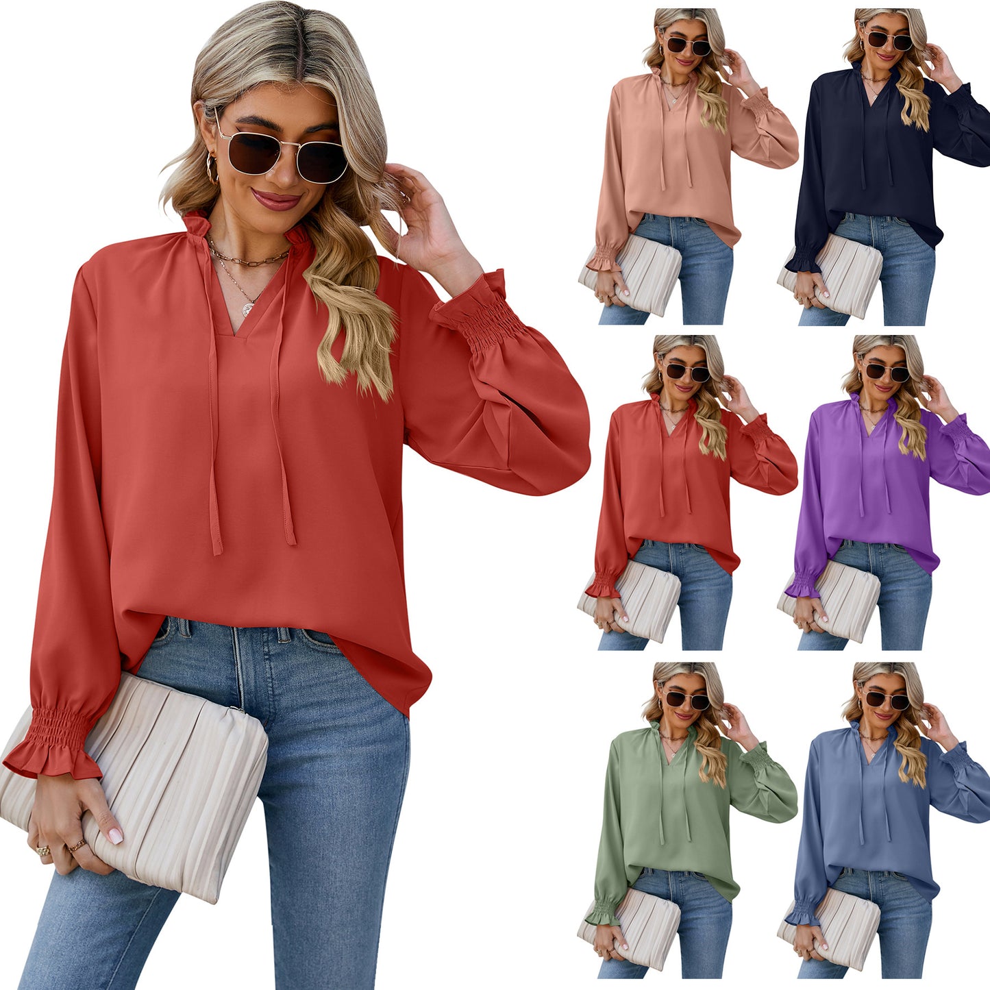 Loose Soft Long Sleeve V-Neck Tie Chiffon Shirt Wholesale Womens Tops