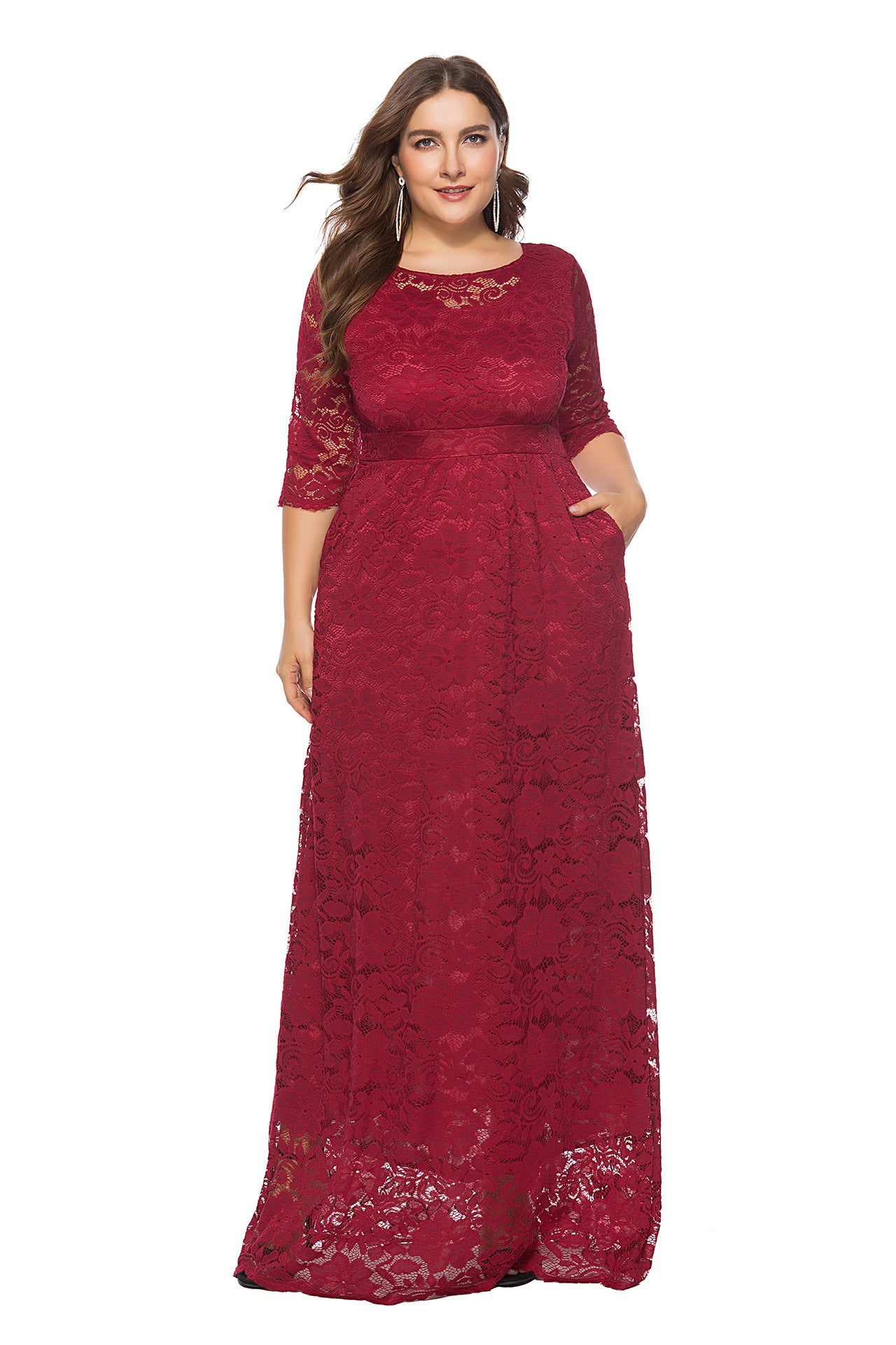 Plus Size Hollow Short Sleeve Lace Pocket Dress Evening Maxi Dresses Wholesale Womens Clothing N3824080300016