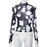 Sexy Long-Sleeved Mesh Spot Print Slim-Fit Top Wholesale Womens Tops
