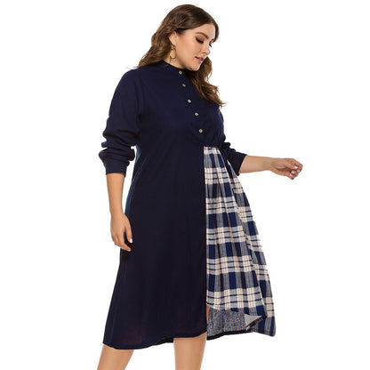 Casual Round Neck Plaid Patchwork Long Sleeve Dress Wholesale Dresses