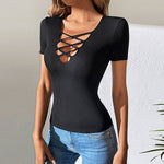 Sexy V-Neck Hollow Slim Knit Short-Sleeved Tops Wholesale Womens Tops