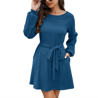 Casual Long Sleeve Solid Color Ribbed Knit Dress Or With Belt Wholesale Dresses