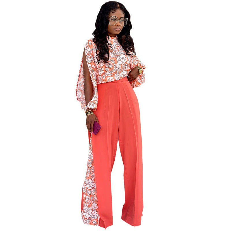 Half Turtleneck Printed Shirt High Waist Slit Wide Leg Pants Casual Suit Wholesale Womens 2 Piece Sets N3823100900067