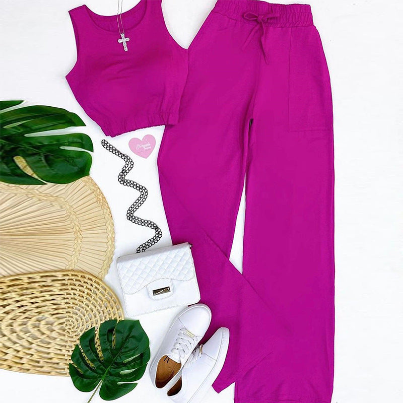 Solid Color Short Vest Drawstring High Waist Straight Pants Wholesale Womens 2 Piece Sets N3823100900070