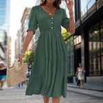 Waisted V-Neck Solid Color Midi Dresses Wholesale Womens Clothing N3824062800037