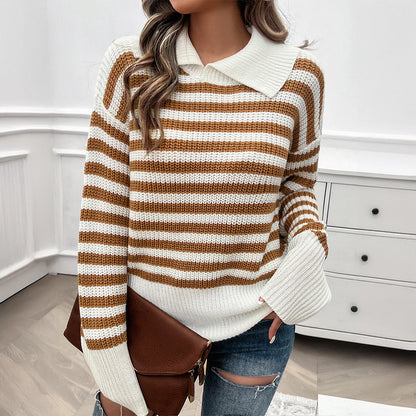 Casual Loose Lapel Striped Long Sleeve Sweater Wholesale Womens Clothing N3824062400023