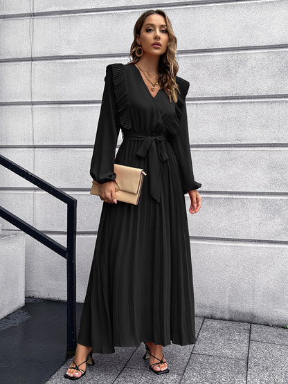 V-Neck Swing Pleated Maxi Dresses Wholesale Womens Clothing N3824062100033