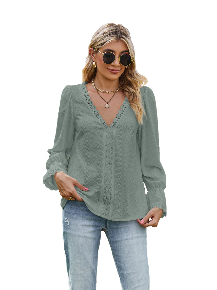 Solid Color V-Neck Patchwork Lace Long Sleeve T-Shirts Wholesale Womens Clothing N3824082300056