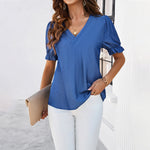 Casual Solid Color Short Sleeve Top V-Neck Wholesale Womens Clothing N3824022600009