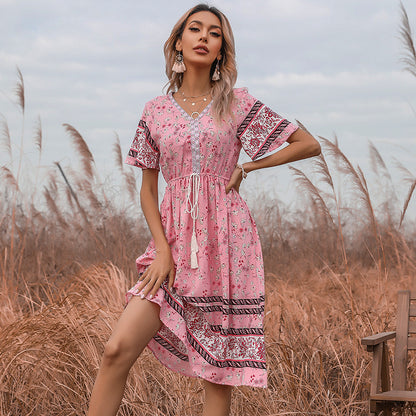 Retro Women's Pink Slim V-Neck Floral Dresses Wholesale Womens Clothing N3824022600098