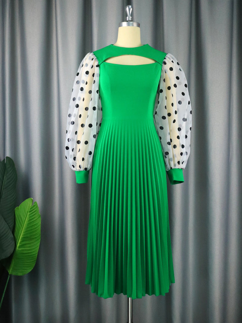 Fashion Polka Dot Lantern Sleeves Round Neck Hollow Pleated Dress Wholesale Dresses