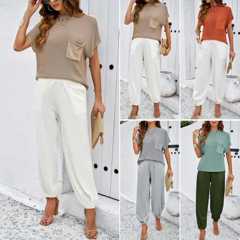 Casual Solid Color Wool Pocket Tops Pants Suit Wholesale Womens Clothing N3824040100128