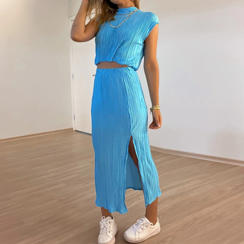 Half Turtleneck Cropped Tops And High Waist Slit Mid-Length Skirt Wholesale Womens 2 Piece Sets