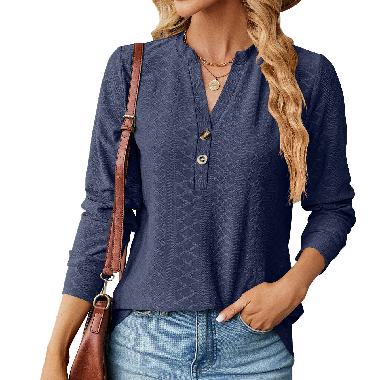 V-Neck Solid Button Loose Long Sleeve T-Shirt Top Wholesale Womens Clothing N3823112800041