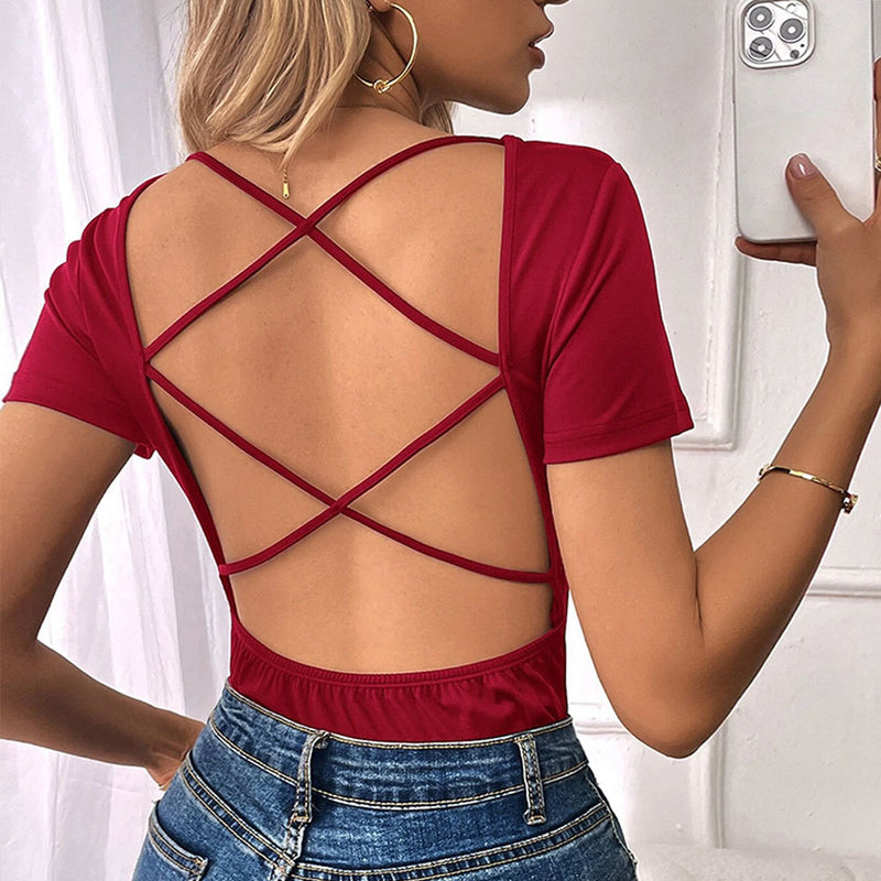 Sexy Solid Color Cross Backless Slim Short-Sleeved T-Shirt Wholesale Womens Tops