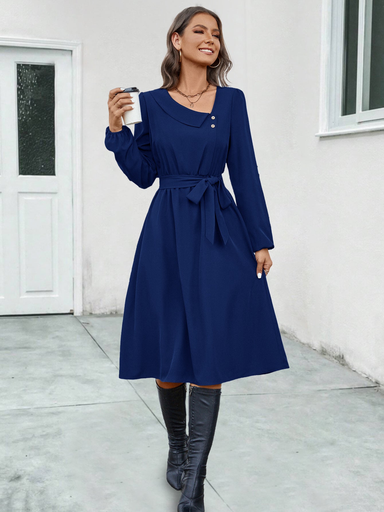 Irregular Neck Button Long Sleeve Dresses Wholesale Womens Clothing N3824062800053