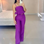 Fashionable Solid Color Ruffled Hem Cami Tops And High-Waisted Trousers Wholesale Womens 2 Piece Sets N3823100900074