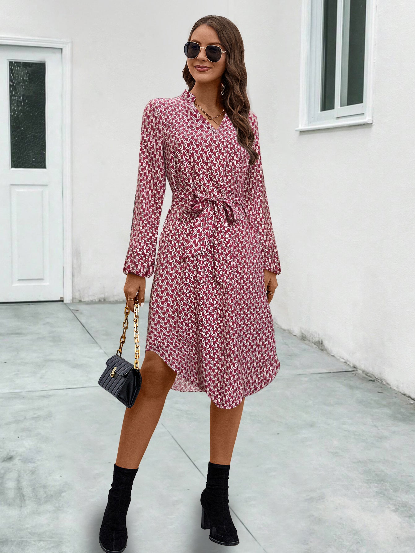 Spring Fall Long Sleeve Belted Midi Dresses Wholesale Womens Clothing N3824062800054