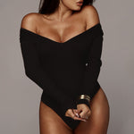 Sexy V-Neck Long Sleeve Threaded Bodysuit Wholesale Womens Clothing