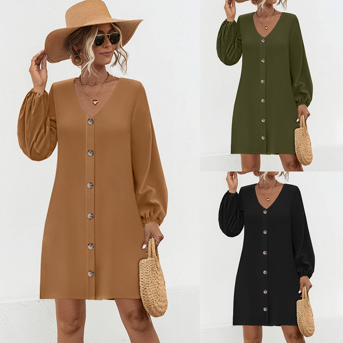 Solid Color Lantern Sleeve Button-up Casual Dresses Wholesale Womens Clothing N3824080300066