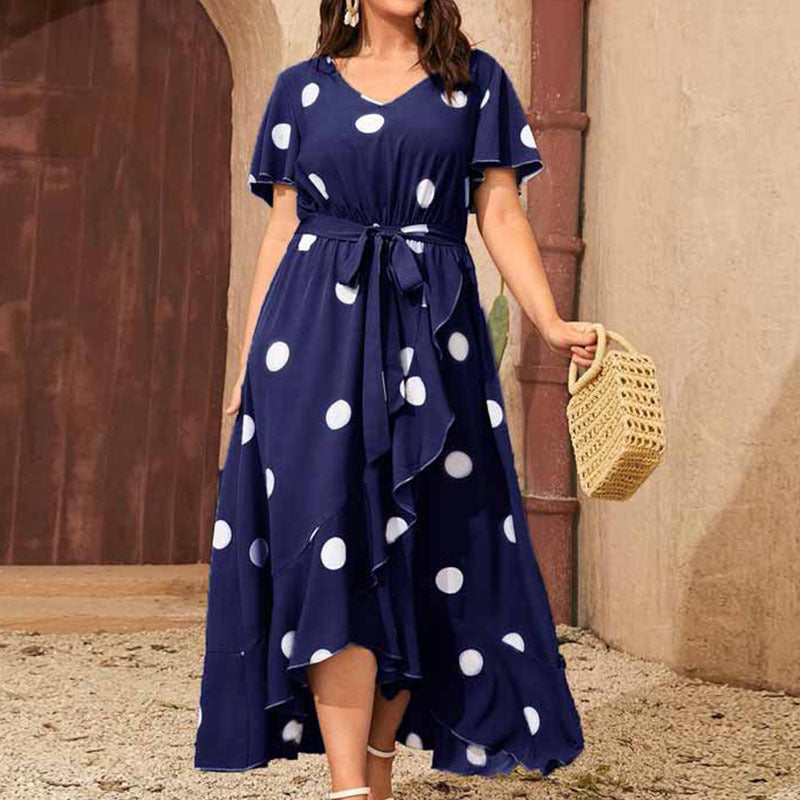 Wholesale Women Plus Size Clothing Irregular V-Neck Polka-Dot Simple Dress