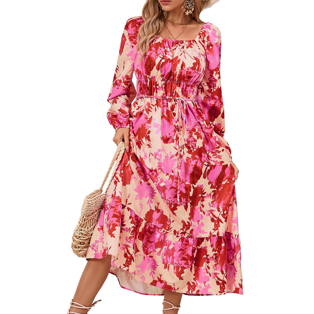 Long Sleeve Printed Fitted Midi Dresses Wholesale Womens Clothing N3824070500014