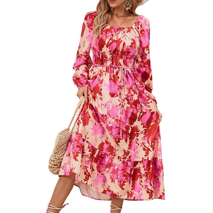 Long Sleeve Printed Fitted Midi Dresses Wholesale Womens Clothing N3824070500014