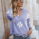 Distressed Flower V-Neck Pullover Sweater Long Sleeve Loose Knit Wholesale Womens Clothing N3823110200038
