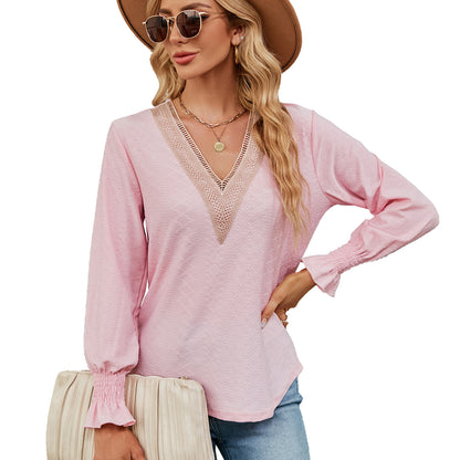 V-Neck Lace Long-Sleeved Loose T-Shirt Tops Wholesale Womens Clothing N3823112800043