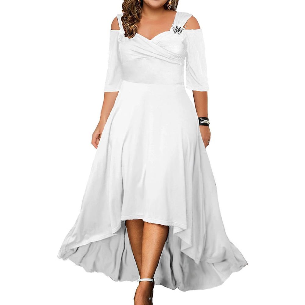 Wholesale Plus Size Clothing Sexy Solid Color V-Neck Strapless Big Hem Dresses