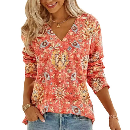 Spring and Autumn Floral V Neck Long Sleeve Plus Size T-Shirts Wholesale Womens Clothing N3824091200025