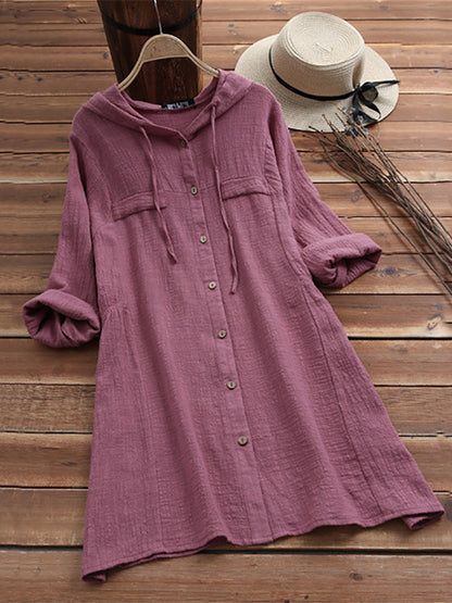 Hooded Loose Button Mid Length Long Sleeve Shirts Wholesale Womens Clothing N3824091200014