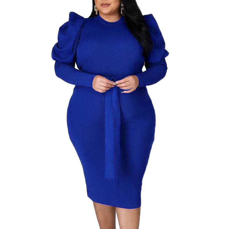 Fashionable Solid Color Long Sleeve Belted Slim Fit Wholesale Plus Size Dress Clothing N3823100900055