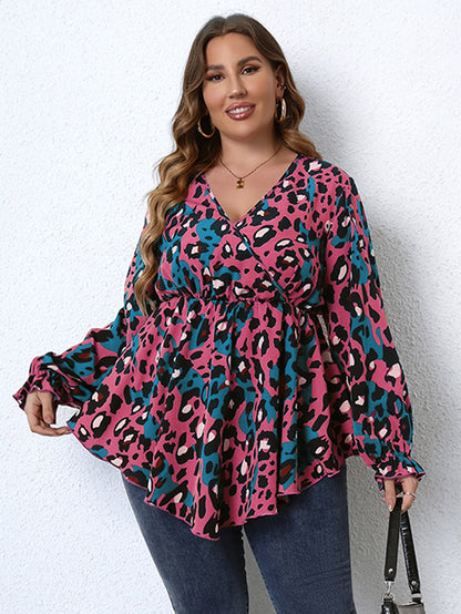 Wholesale Plus Size Womens Clothing Long Sleeve Irregular Leopard Print Top