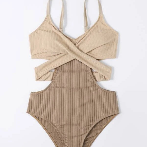 Hollow Strap Triangle Contrast Color One-Piece Swimsuit Wholesale Womens Clothing