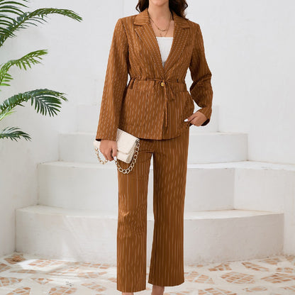 Striped Lapel Blazer Straight Pants 2 Piece Set Wholesale Womens Clothing N3824082300052