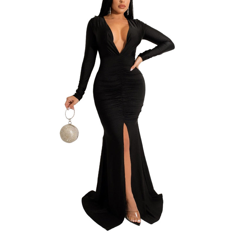 Solid Color Sexy V-Neck Slit Hip-Covering Dress Wholesale Womens Clothing N3823103000089