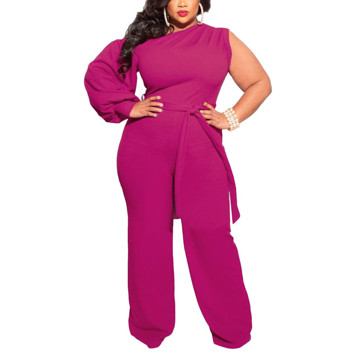 One-Shoulder Solid Color Single Sleeve Jumpsuits And Rompers Wholesale Plus Size Womens Clothing