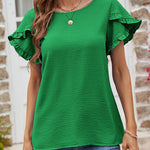 Women's Solid Color Round Neck Ruffled Short Sleeve Top Casual T-Shirt Wholesale Womens Clothing N3824010500028