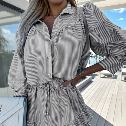 Stylish Long Sleeve Striped Blouse And Ruffle Skirt Set Wholesale Women'S 2 Piece Sets